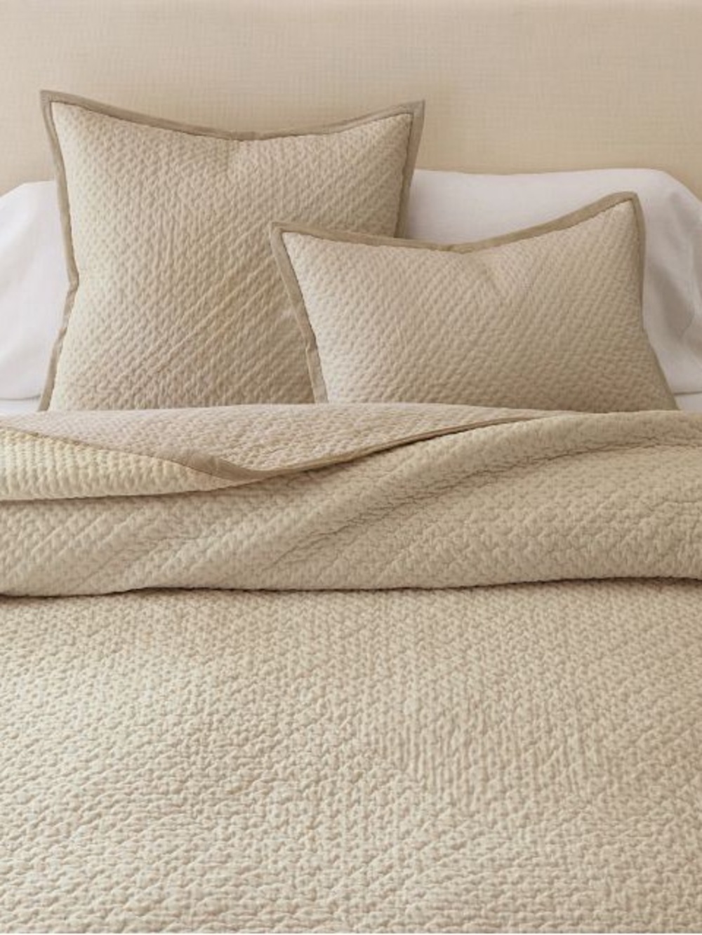 Pottery Barn Cross Stitch Velvet King Quilt Parchment and 3 Euro Shams Set